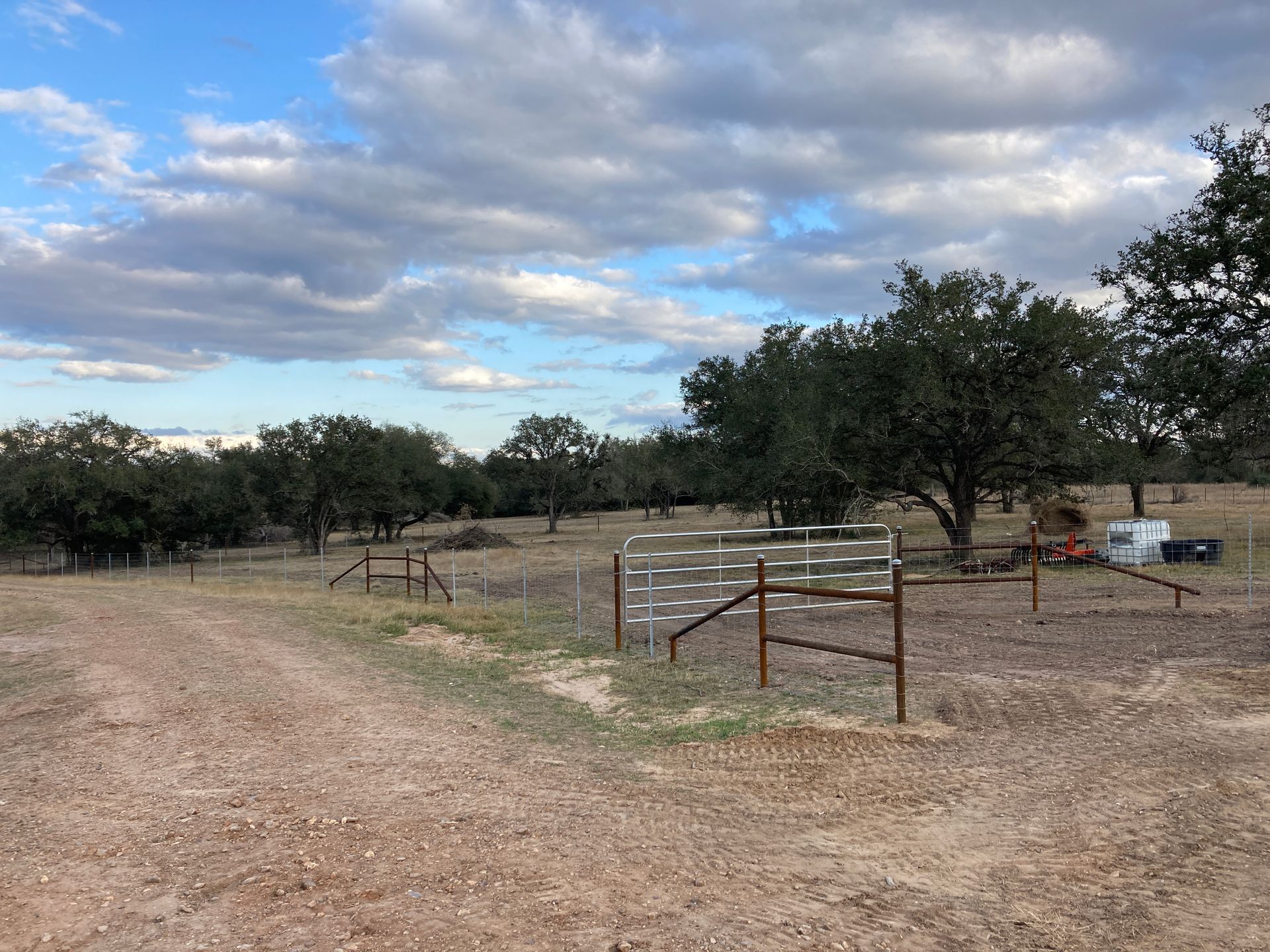 Rural fenced field with dirt road, trees, and cloudy sky under soft daylight