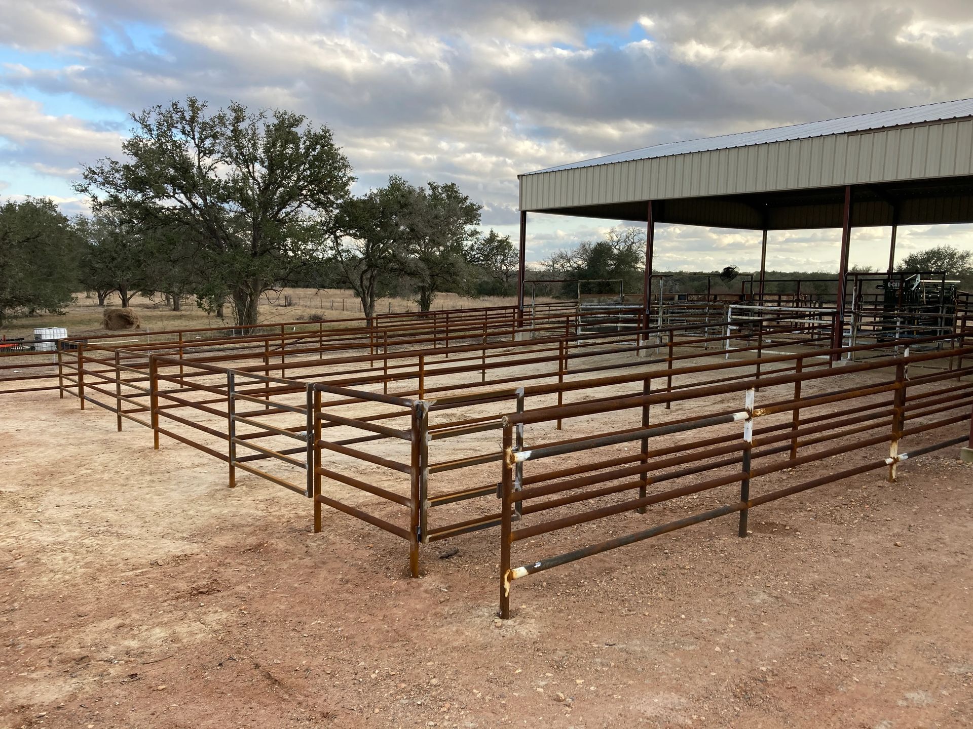Outdoor livestock corral with metal fencing, a roofed shed, and trees on dry, dusty ground.