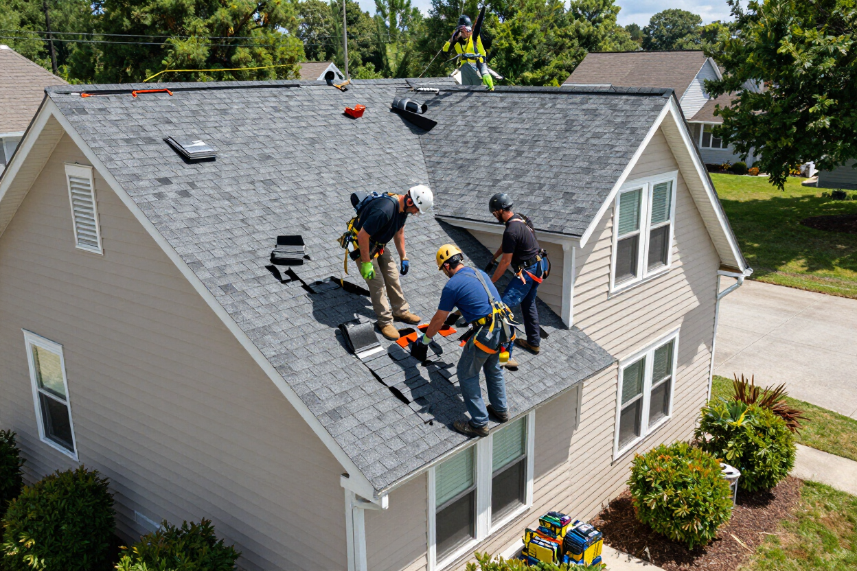 Residential roofing services Cambridge OH crew installing asphalt shingles