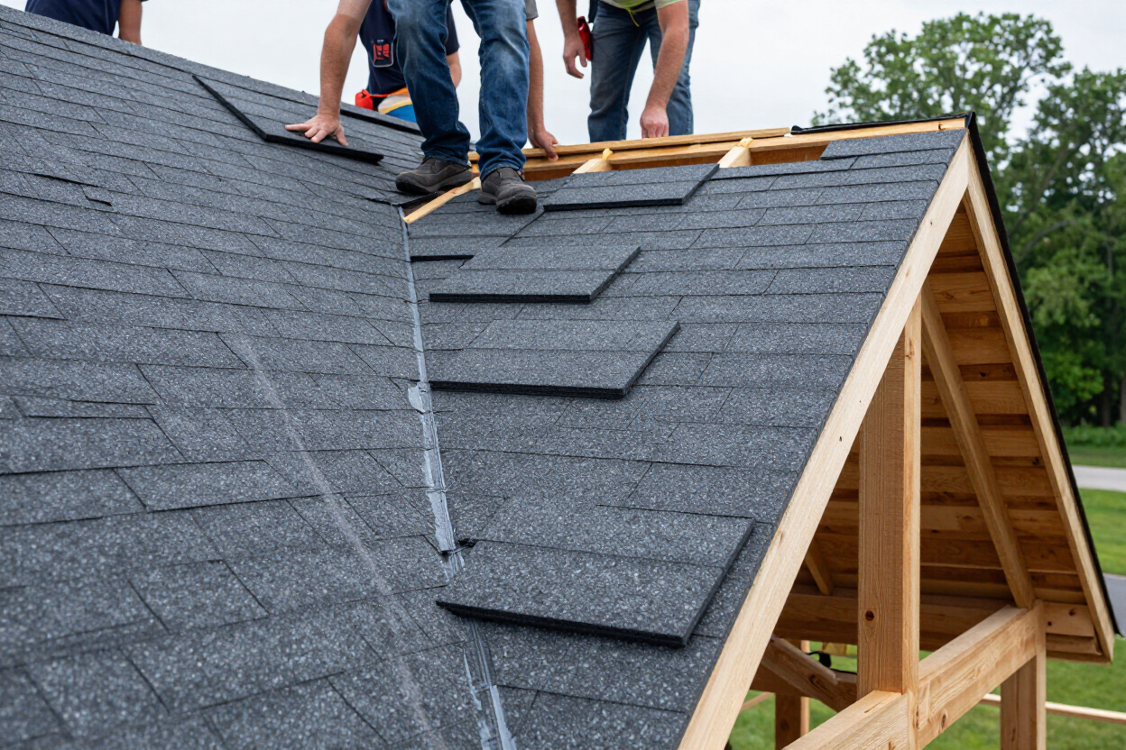 Asphalt shingles being installed on an Ohio gable roof