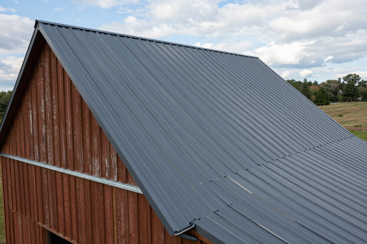 Standing-seam metal roof panels on a rural Ohio building