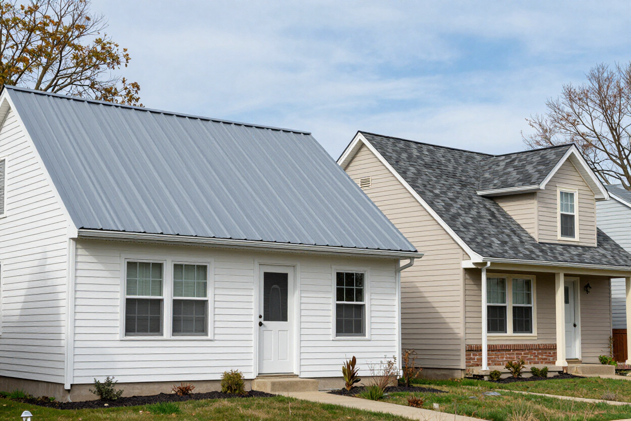 Two neighboring homes, one with metal roofing and one with asphalt shingles