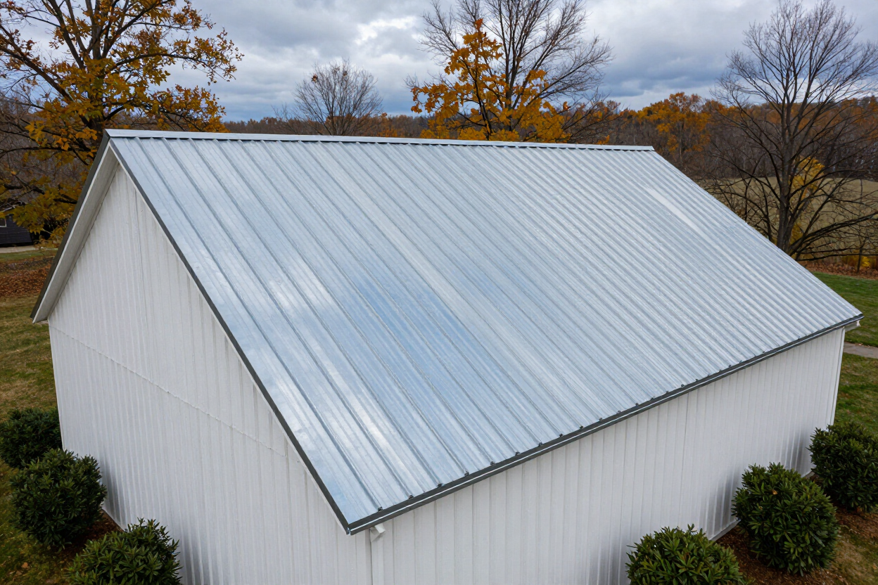 Wide view of metal panel roofing on an Ohio outbuilding
