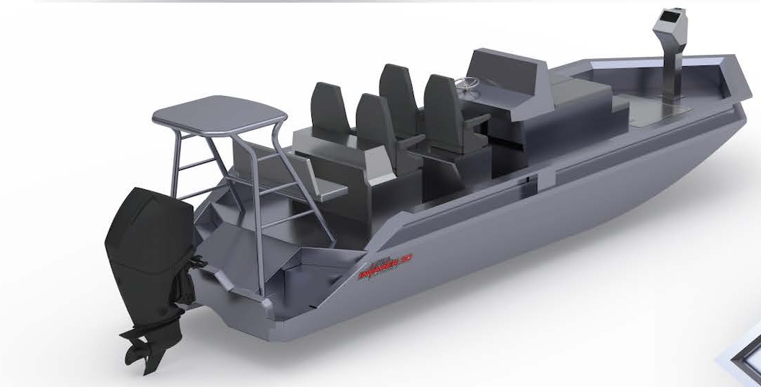 A 3D model of a boat with a motor attached to it