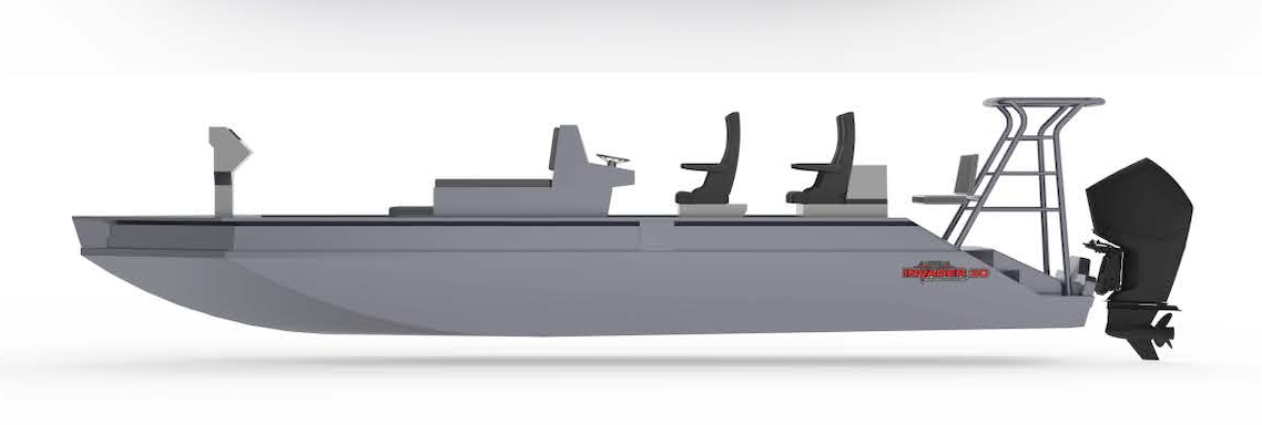 A white boat with a black motor is floating on a white surface.
