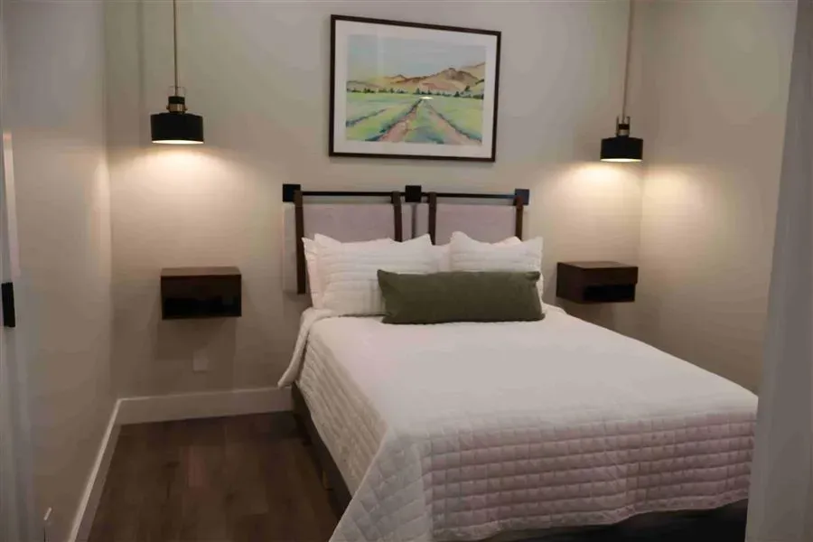 Bedroom with a bed, two nightstands, two hanging lights, and artwork on a light-colored wall.