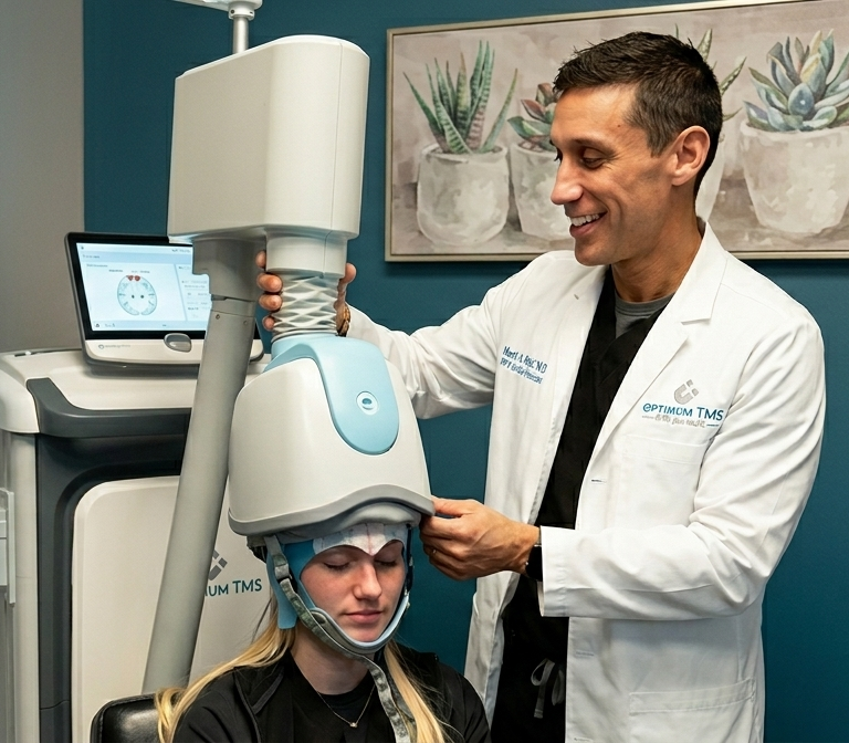 Doctor adjusting a medical headpiece on a patient in a clinic, with a laptop nearby