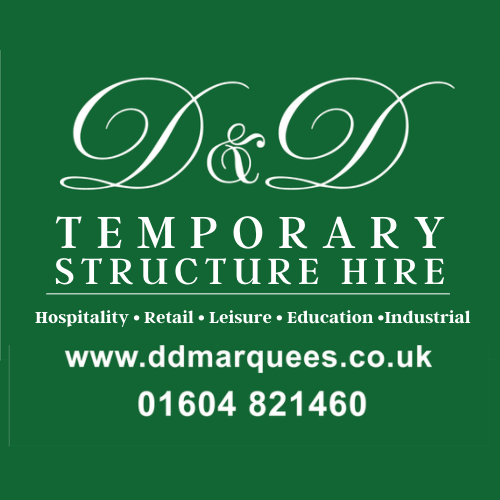 Green logo for D&D Temporary Structure Hire, white script logo and text, website and phone number provided.