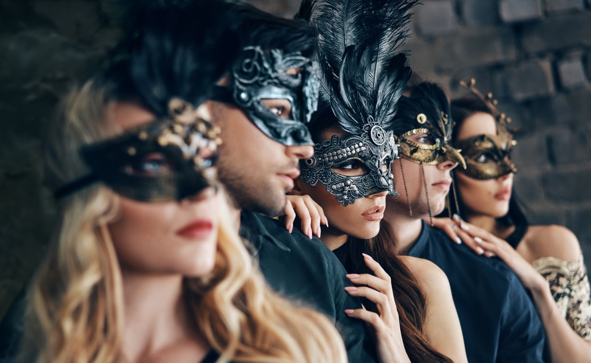 Guests in masks at the New Year's Eve Masquerade Ball, Royal Maritime Hotel Portsmouth