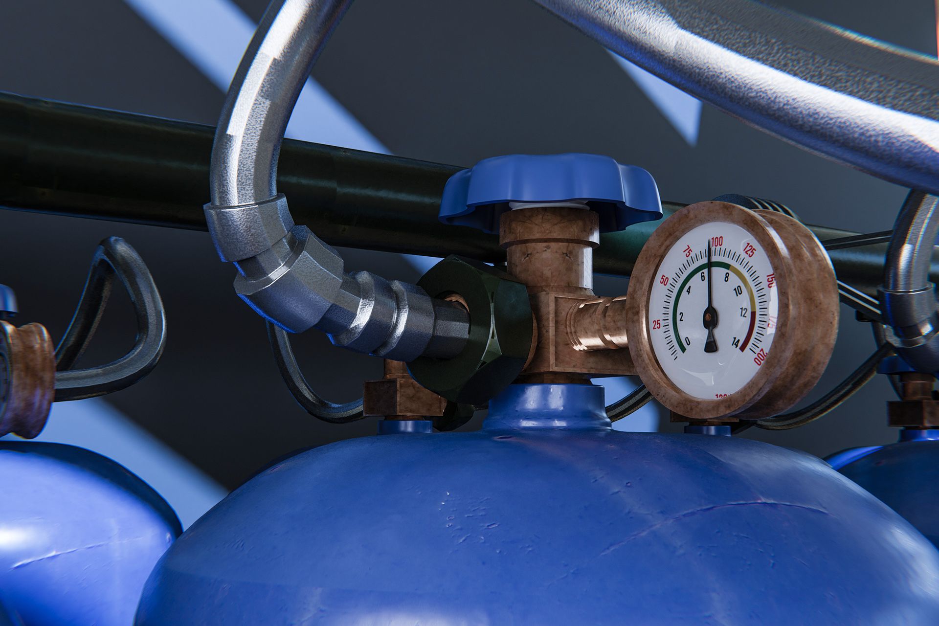Blue gas cylinders with pressure gauges and connecting pipes.