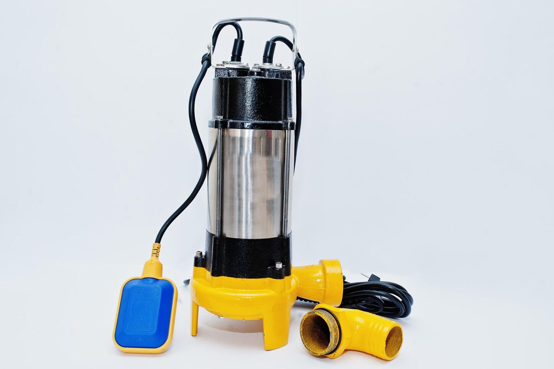 Submersible water pump with black and yellow body, a float, and a discharge hose on a white background.