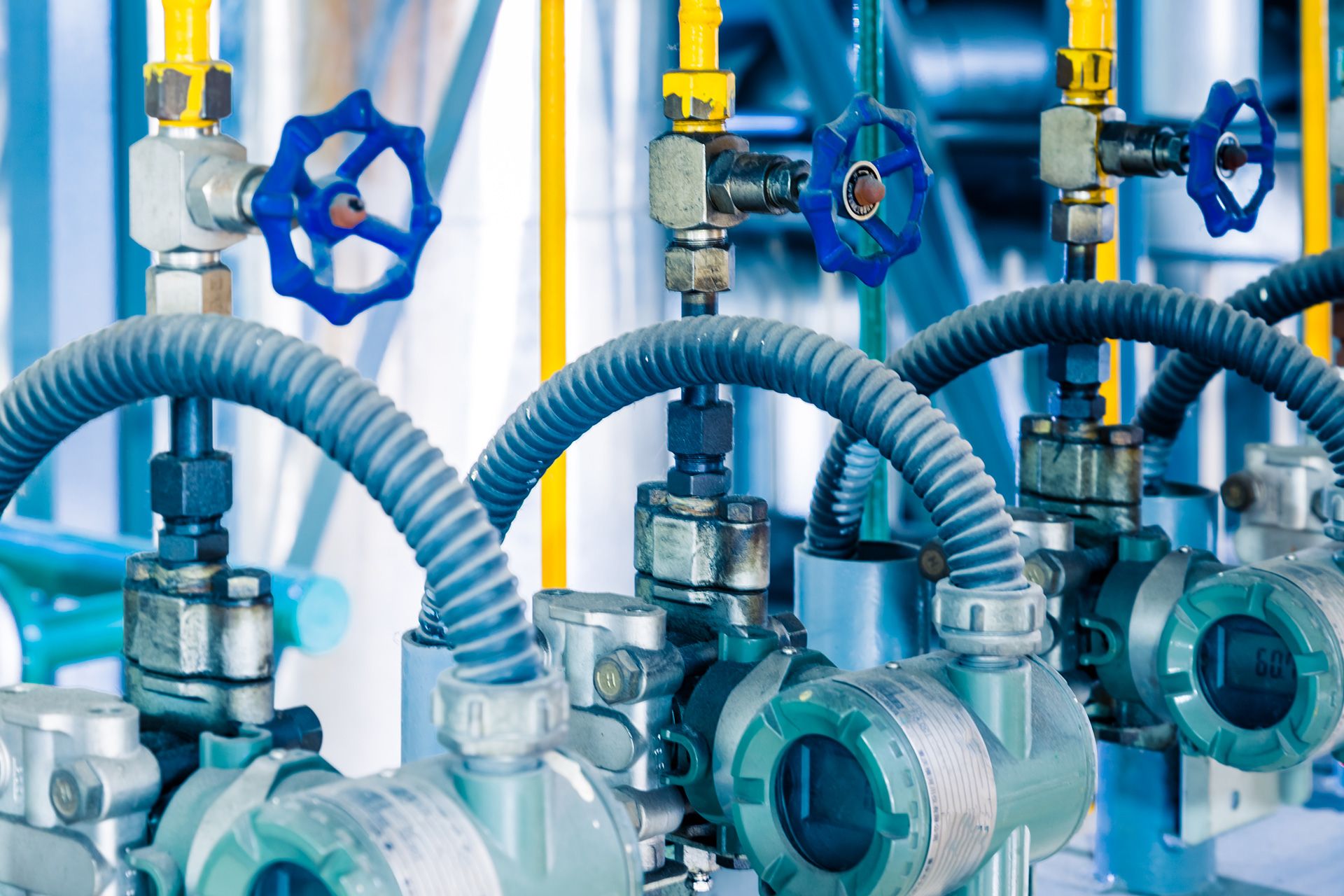 Industrial piping with blue valves and gray hoses, in a facility.