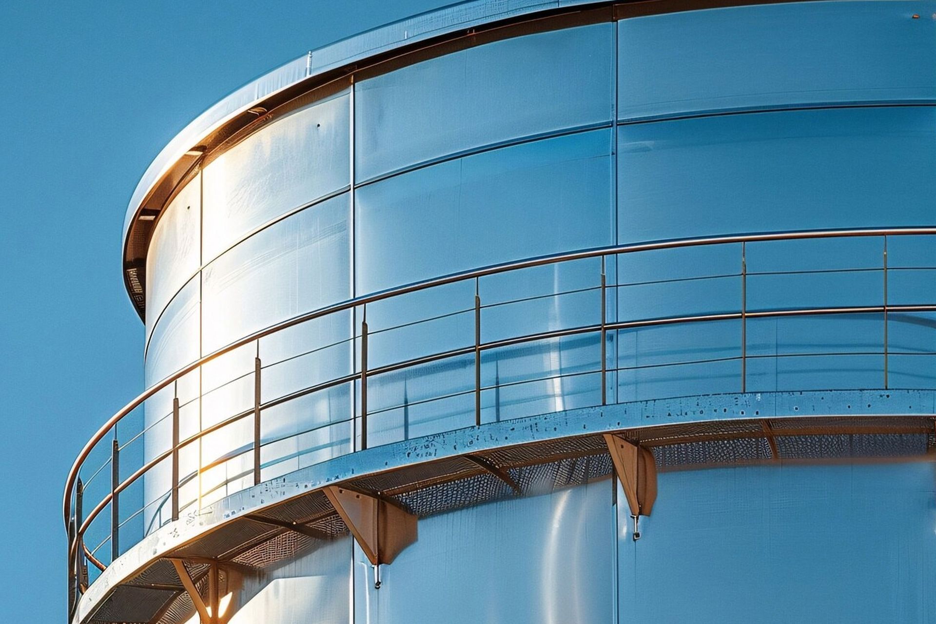 Shiny silver industrial tank with a circular walkway and railing. Blue sky background.