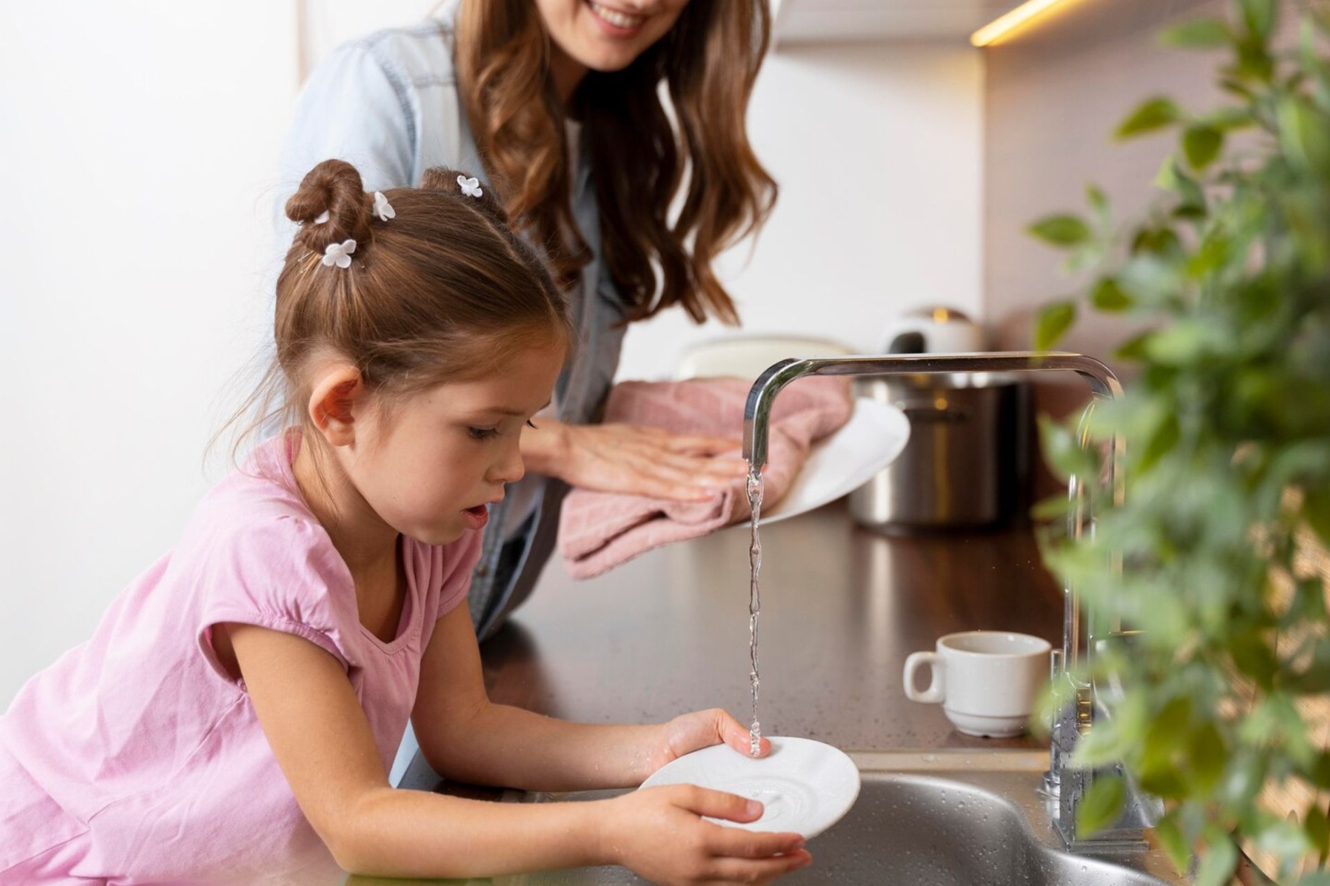 Woman and child washing dishes in a kitchen, water flowing, sunlight.