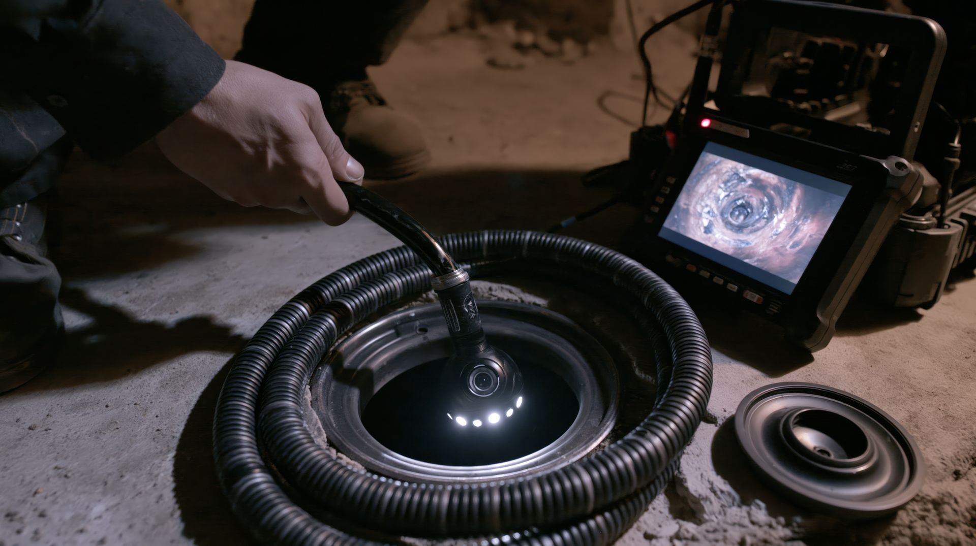 Technician feeding a lighted camera cable into an open cleanout during sewer line repair diagnosis. Technician feeding a lighted camera cable into an open cleanout during sewer line repair diagnosis.