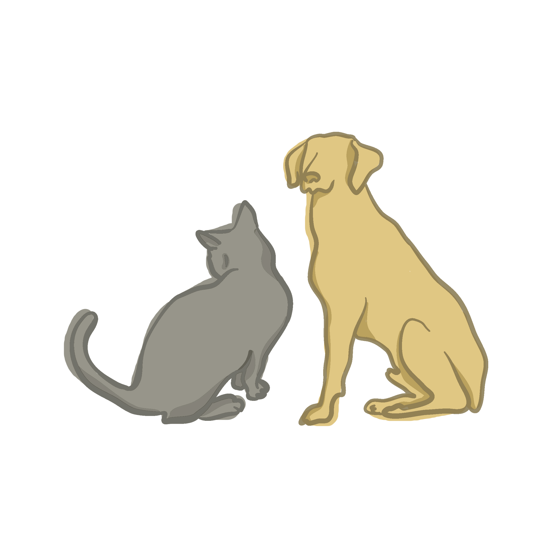 Gray cat and tan dog sitting side by side, facing left, on a white background