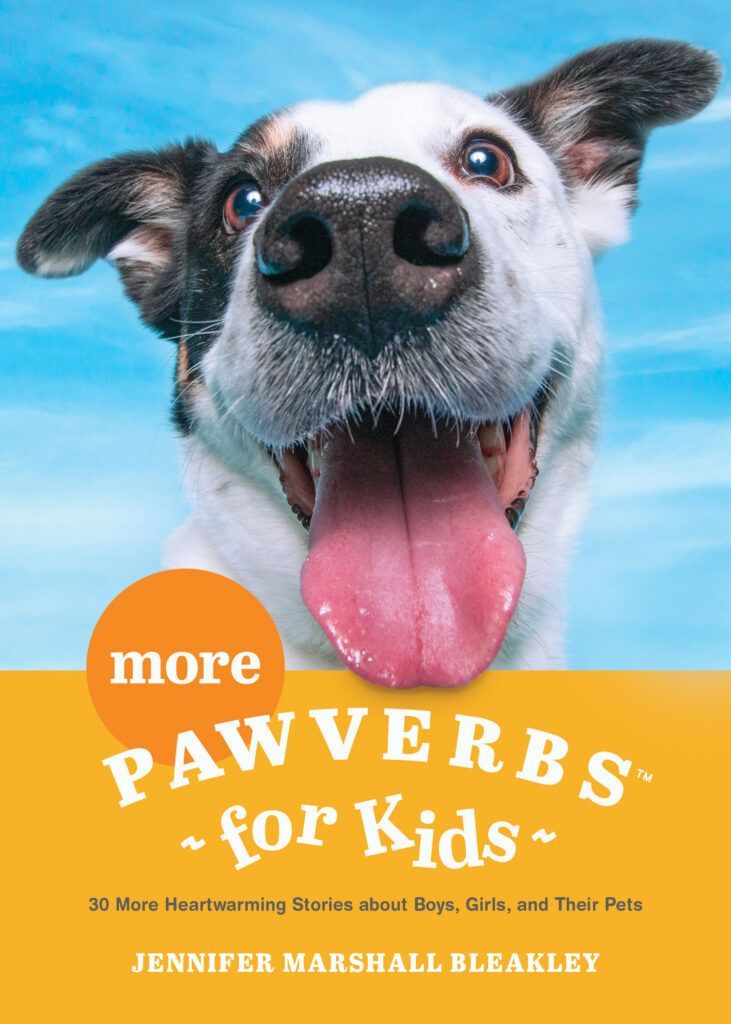 Happy dog with tongue out on book cover reading “More Paws for Kids” in orange and blue.