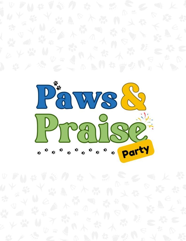 Paws & Praise Party logo in blue, green, and yellow on a light patterned background