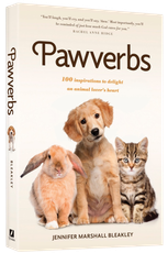Book cover titled “Pawverbs” with a puppy, cat, and rabbit on a cream background.