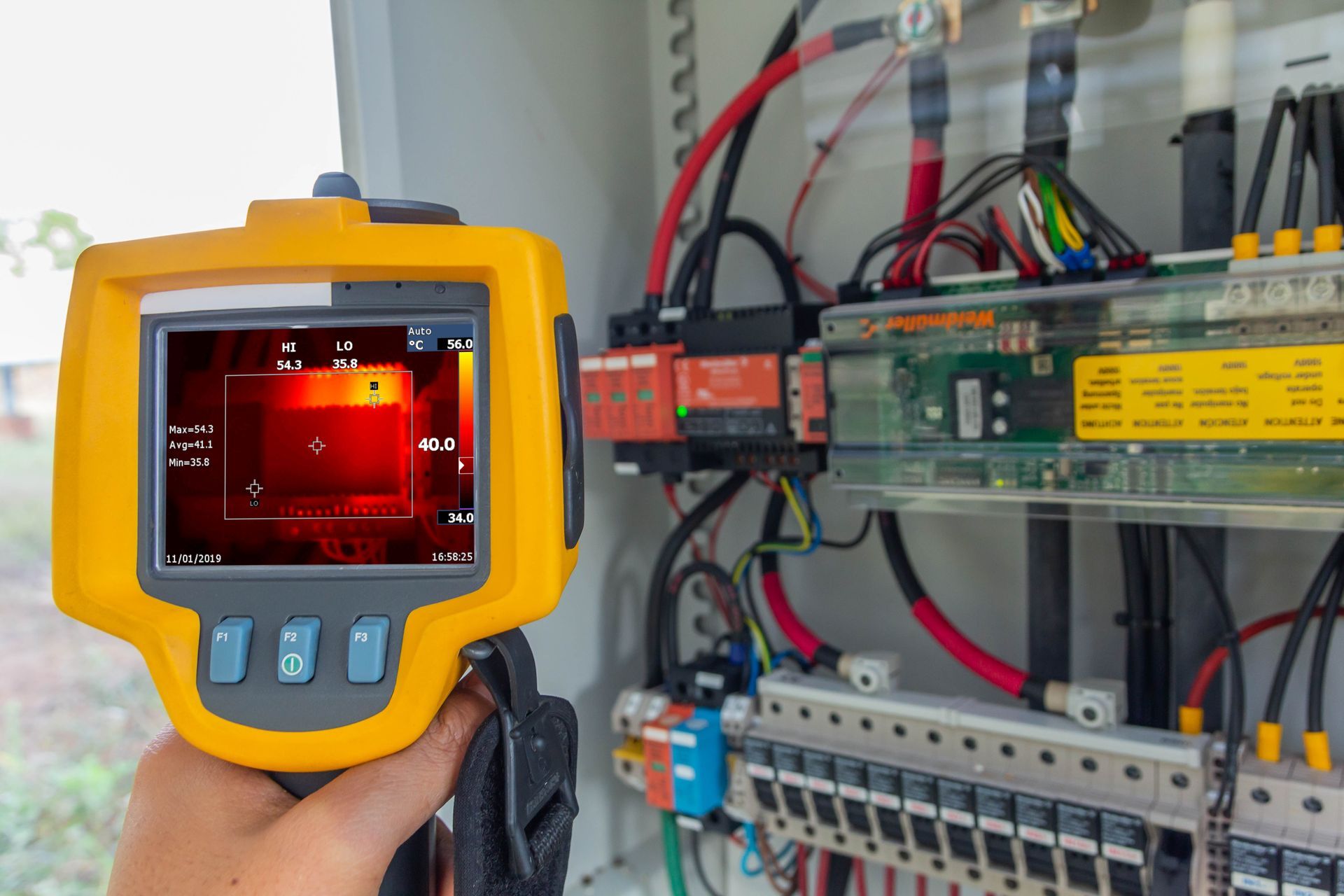 A person is holding a thermal camera in front of an electrical box.