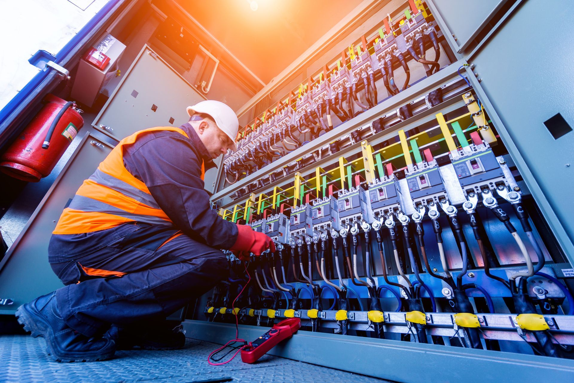 A man is kneeling down in front of a large electrical box.