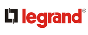 A red and black legrand logo on a white background