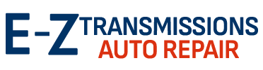 The logo for ez transmissions auto repair is blue and red.