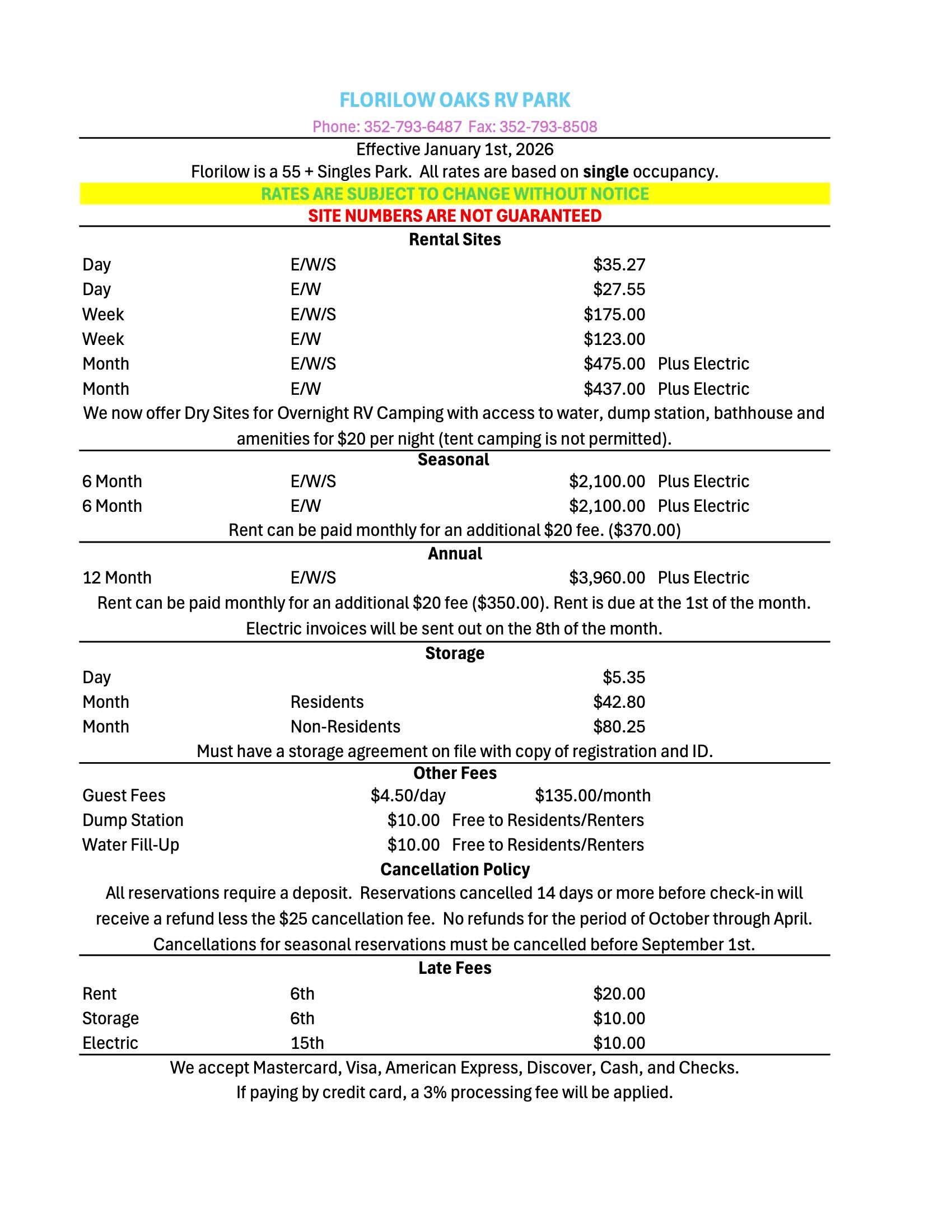 Florilow Oaks Lot Rental Rates