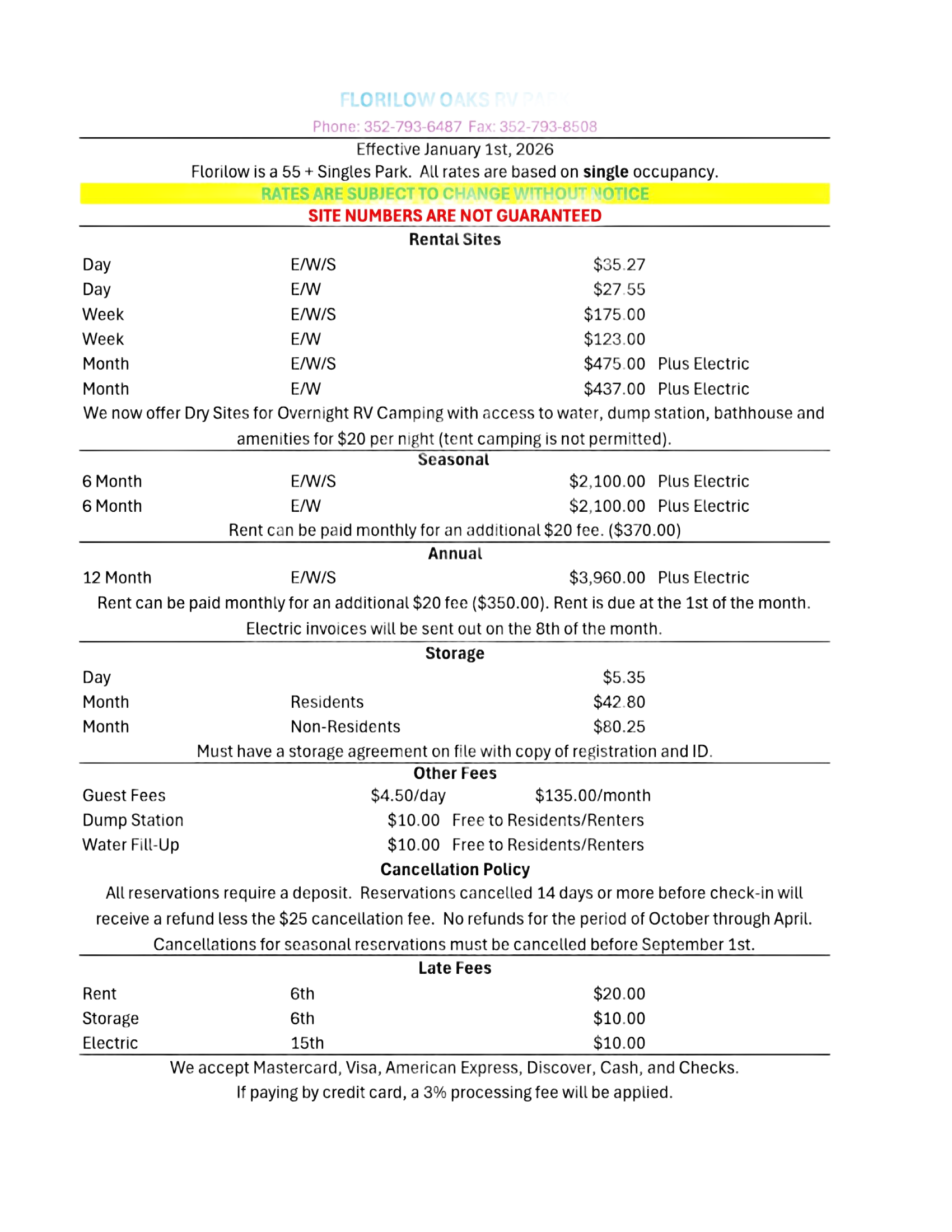 Florilow Oaks Lot Rental Rates