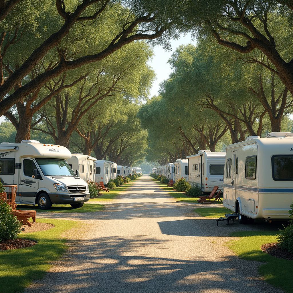 RV park with rows of RVs, shaded by large trees lining a gravel road.
