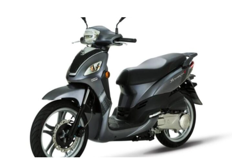 A gray scooter with a black seat on a white background.
