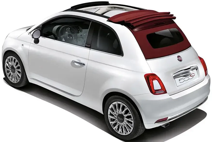 A white Fiat 500 is parked on a white surface.