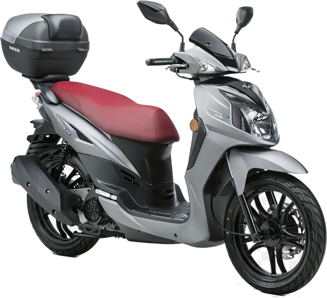 A scooter with a red seat and a black top case.