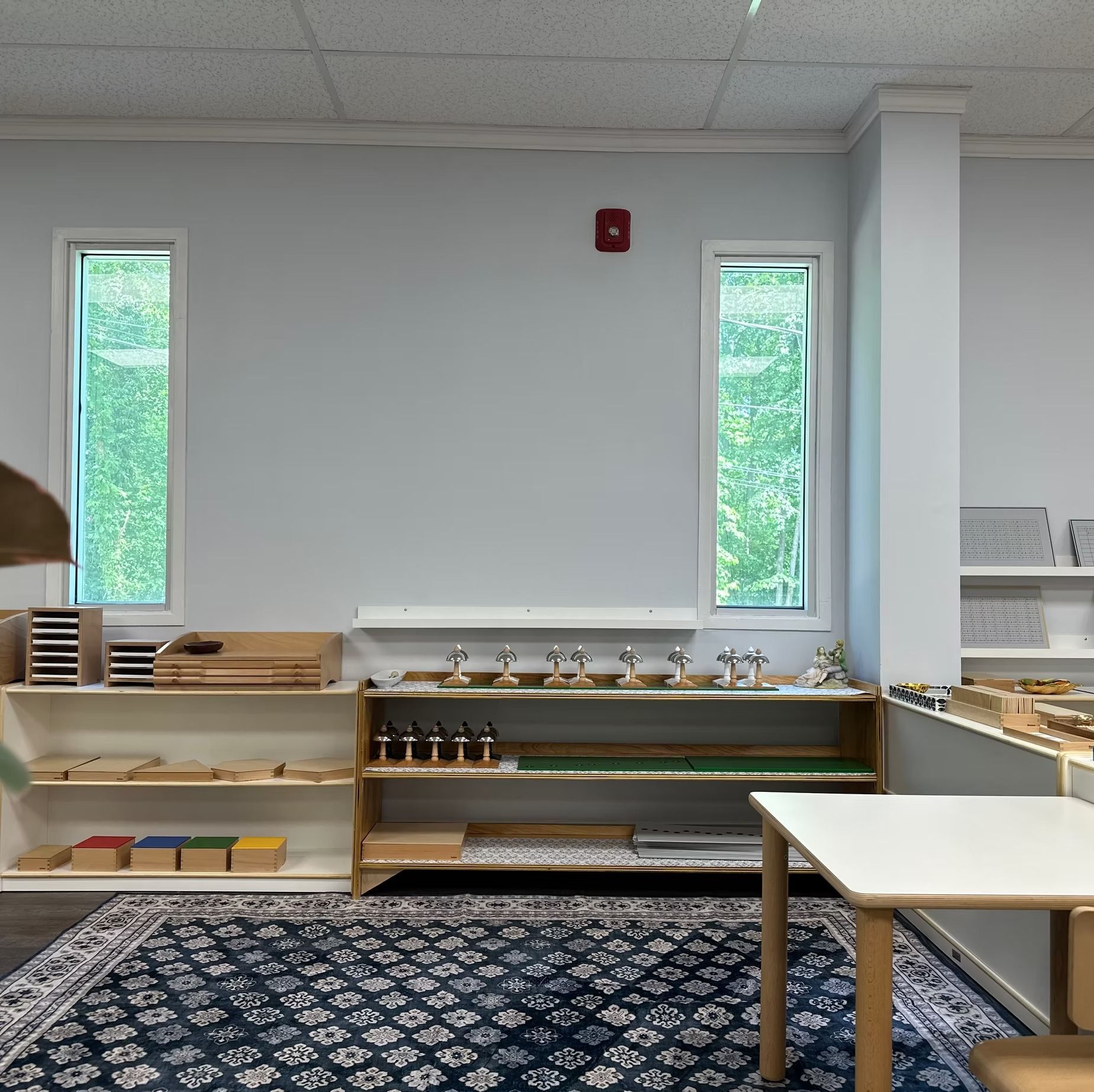 Bright classroom with low shelves, sink, tables, narrow windows, and a patterned rug