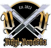 Crossed silver knives over a black-and-gold gothic logo reading “Vinyl Vendetta” and “Est. 2023”