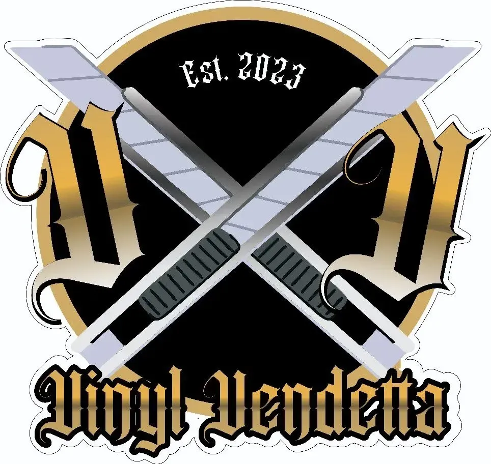 Crossed silver knives over a black-and-gold gothic logo reading “Vinyl Vendetta” and “Est. 2023”