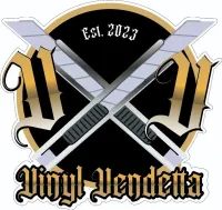 Crossed silver knives over a black-and-gold gothic logo reading “Vinyl Vendetta” and “Est. 2023”