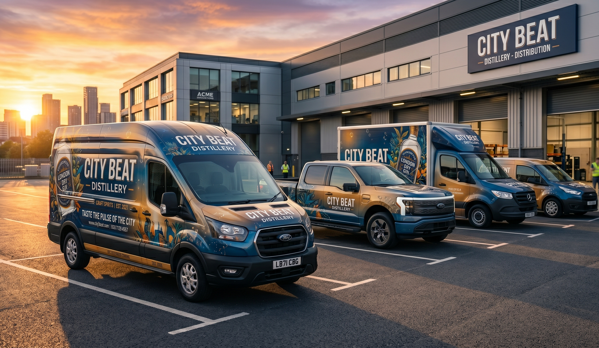 White delivery vans parked on a wet lot with a soft sunrise and blurred trees in the background