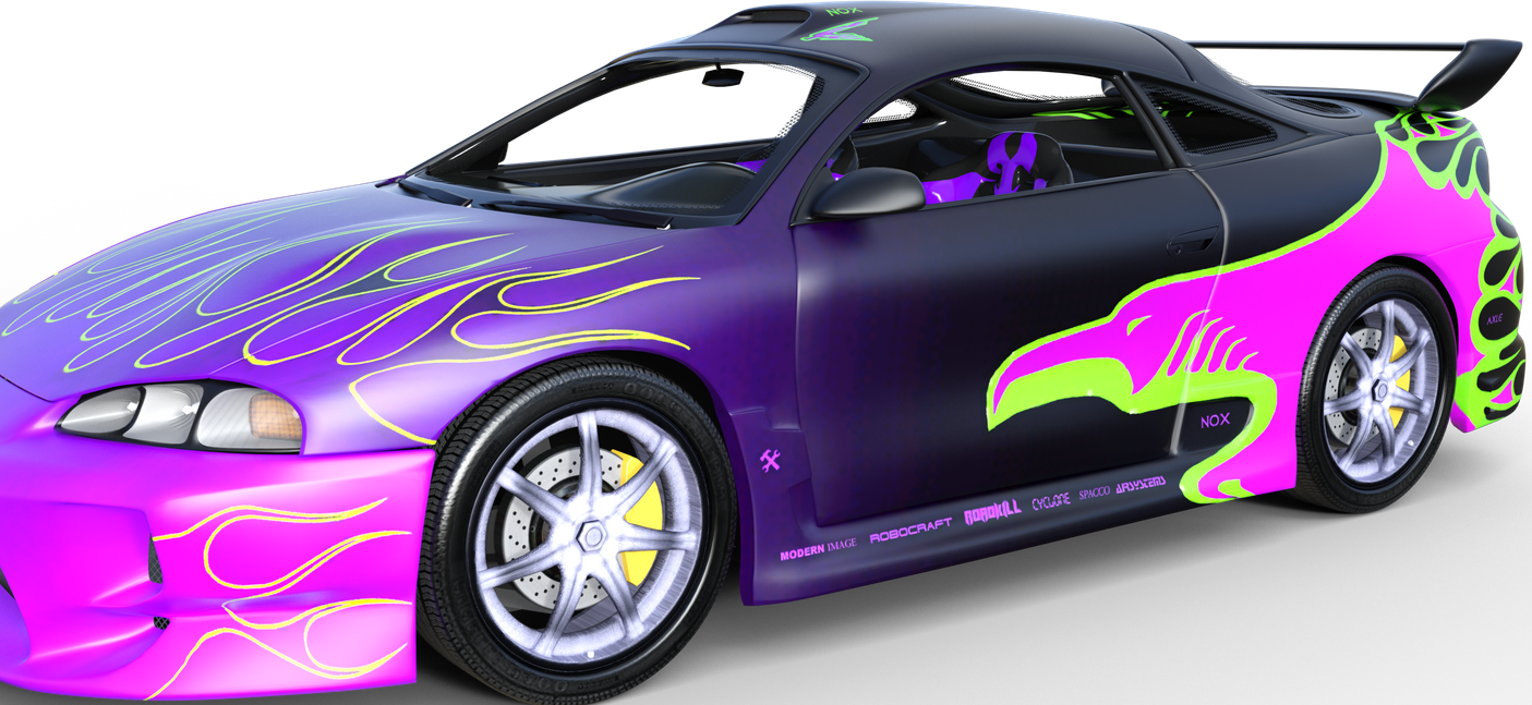 Purple and pink customized sports car with neon green graphics on a white background