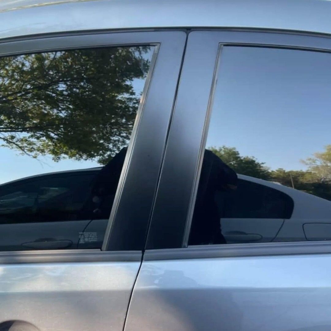 Close-up of a silver car door and tinted windows reflecting trees and sky