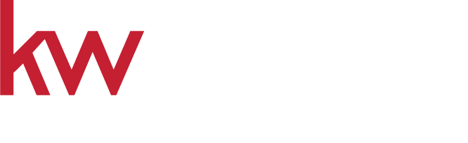 A red and white logo for a real estate company on a white background.