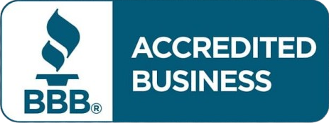 BBB Accredited Business logo with blue torch icon and white text on teal background
