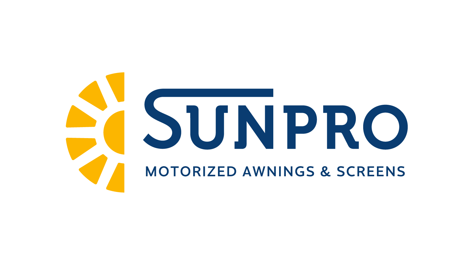 SunPro logo with yellow sun icon and blue text, “Motorized Awnings & Screens”