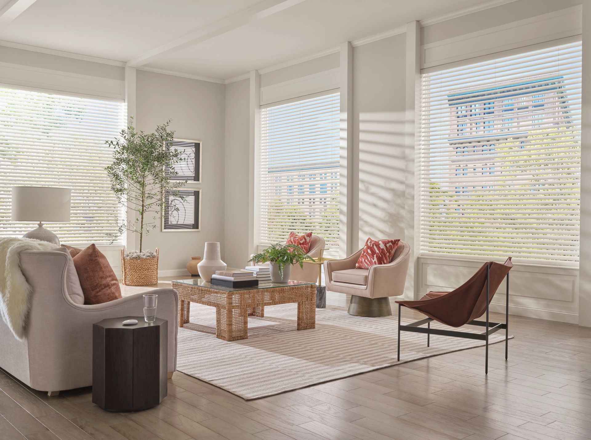 Bright modern living room with large windows, white sofa, and coffee table on a rug