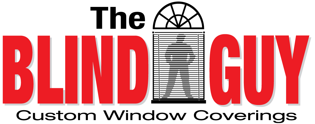 Logo for The Blind Guy Custom Window Coverings, with bold red text and a stylized window icon.