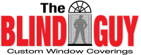 Logo for The Blind Guy Custom Window Coverings, with bold red text and a stylized window icon.