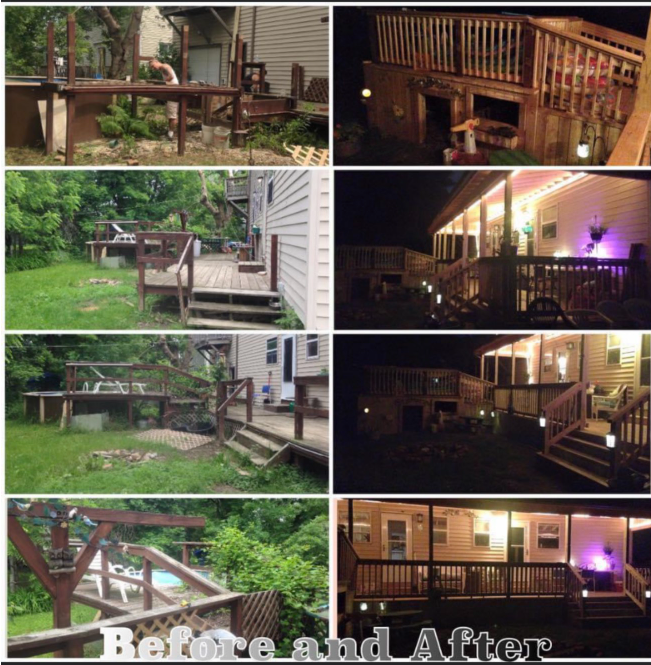 A before and after collage showing the renovation and lighting installation of a wooden house deck.