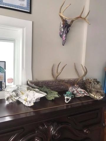 A wall-mounted deer skull and a wooden mantle holding another deer skull, animal skulls, and an alligator head.