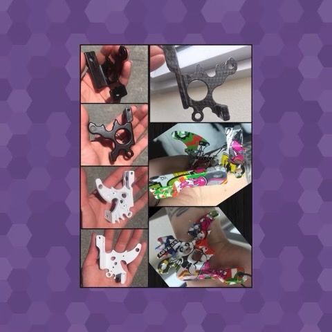 A collage showing various tattoo machine frames in solid black, white, and multi-colored graffiti patterns held in hands.