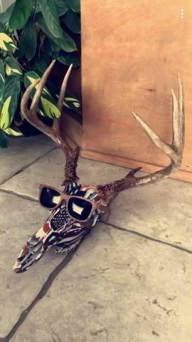 A deer skull decorated with an American flag pattern, wearing sunglasses, sits on a tiled floor near a leafy plant.